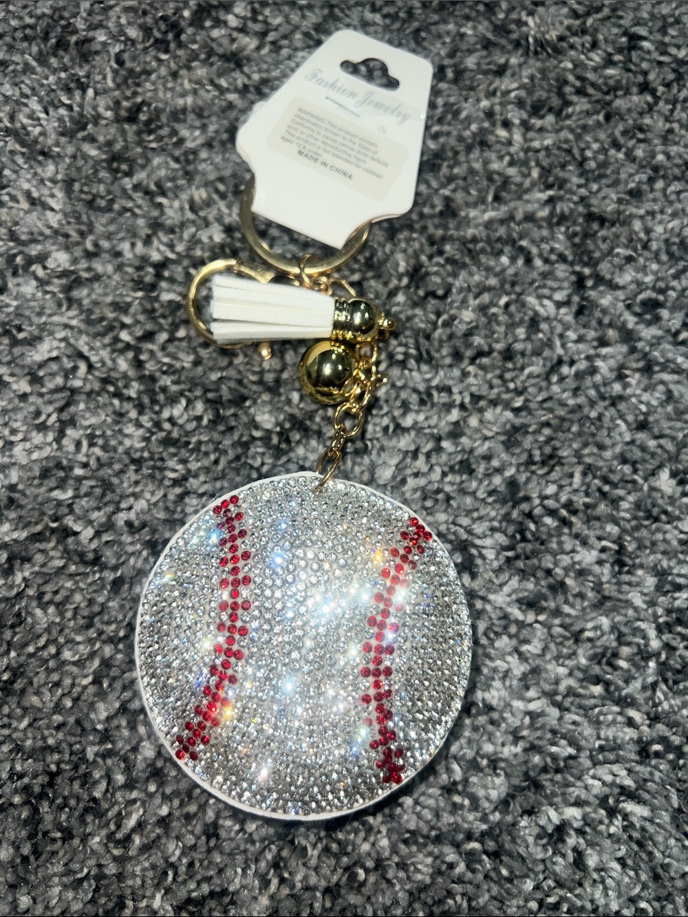 ⚾️ Baseball Tassel Keychain/bag charm- White & Red Rhinestones